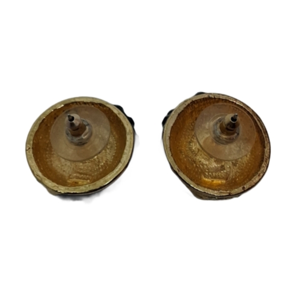 Vintage Roman Collection Domed Rhinestone Earrings – Black & Gold 80s Glam - Picture 5 of 6